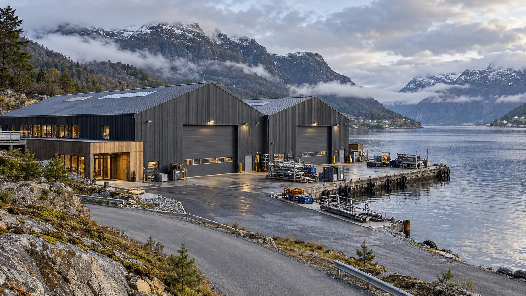 Produksjons- og lagerhall med kai mot fjorden på Vestlandet