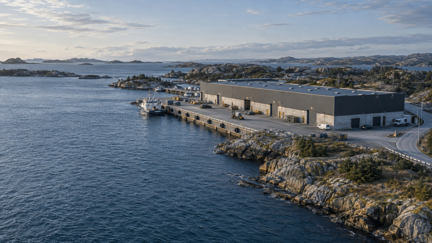 Produksjons- og lagerhall med kai mot fjorden på Vestlandet
