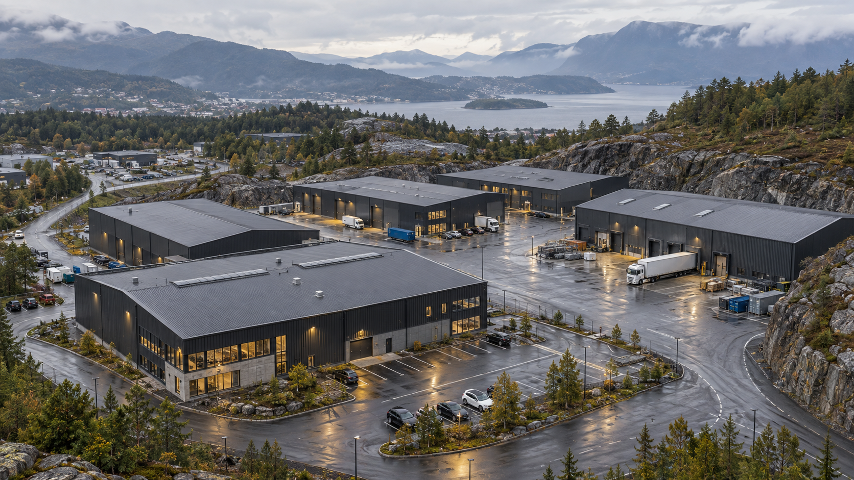 Oversikt over lagerbygg ved fjorden på Vestlandet